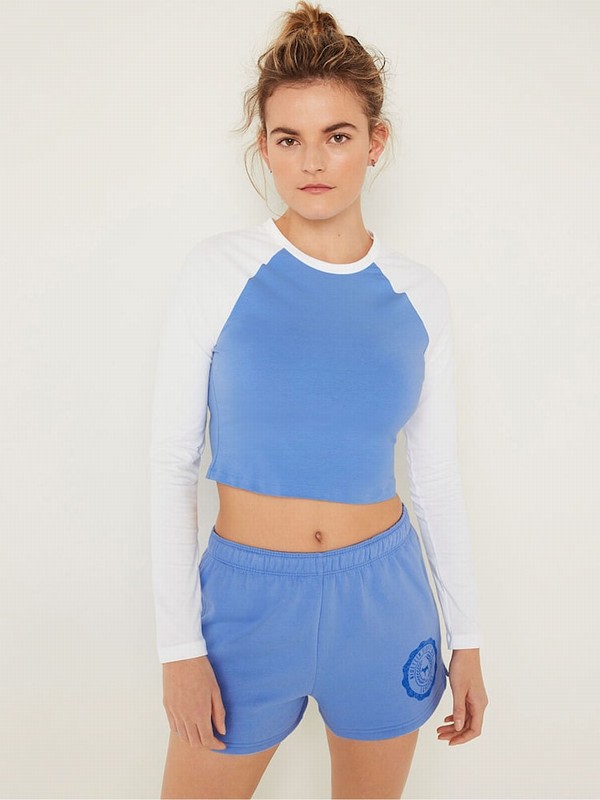 Blue Victoria Secret Cornflower Long Sleeve Crop T Shirts | DQWUH2918