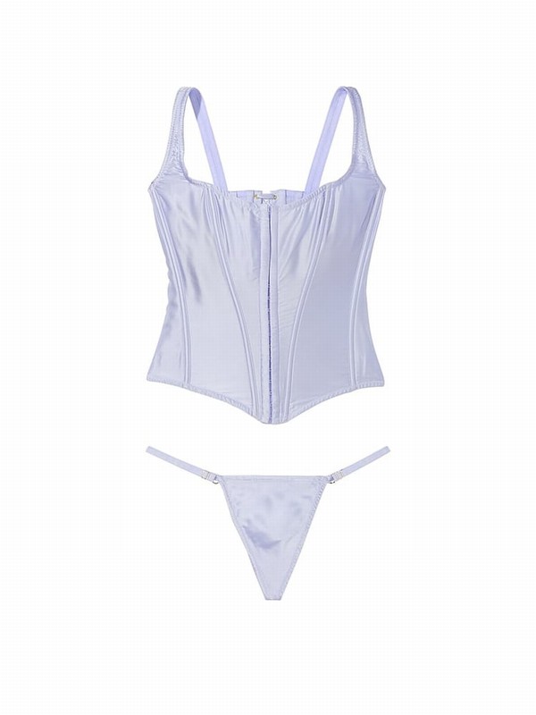 Blue Victoria Secret Crescent Archive Satin Corset and Knicker Set Lingerie | FHKEA2147