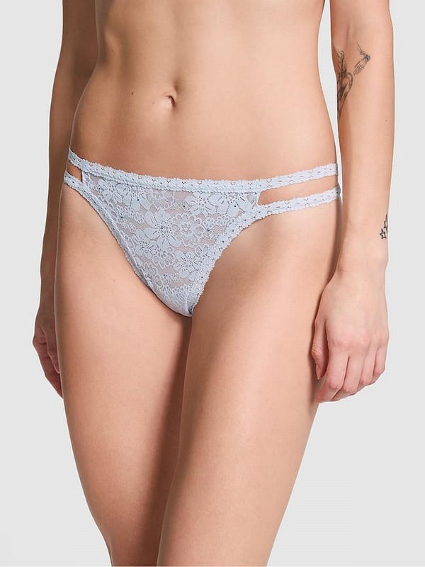 Blue Victoria Secret Hydrangea Diamante Thong Floral Lace Underwear | ROCHV4785