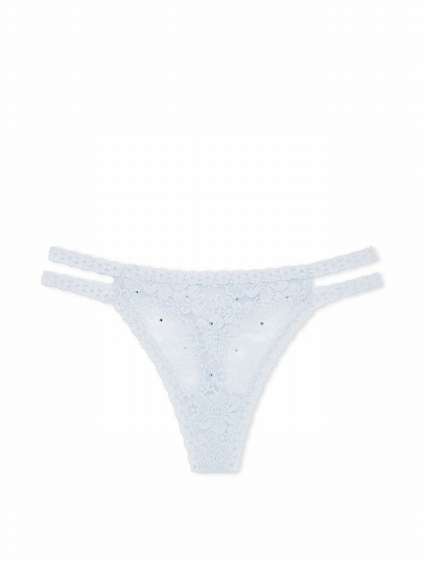Blue Victoria Secret Hydrangea Diamante Thong Floral Lace Underwear | ROCHV4785