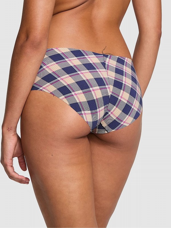 Blue / Navy Victoria Secret Plaid Print Hipster No Show Lace Trim Hipster Underwear | IYWAP7302