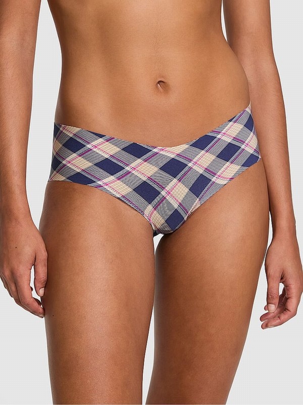 Blue / Navy Victoria Secret Plaid Print Hipster No Show Lace Trim Hipster Underwear | IYWAP7302
