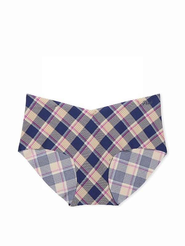 Blue / Navy Victoria Secret Plaid Print Hipster No Show Lace Trim Hipster Underwear | IYWAP7302