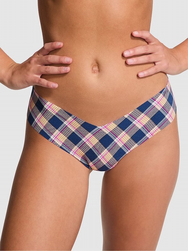 Blue / Navy Victoria Secret Plaid Print High Leg Thong Underwear | RKZET3697