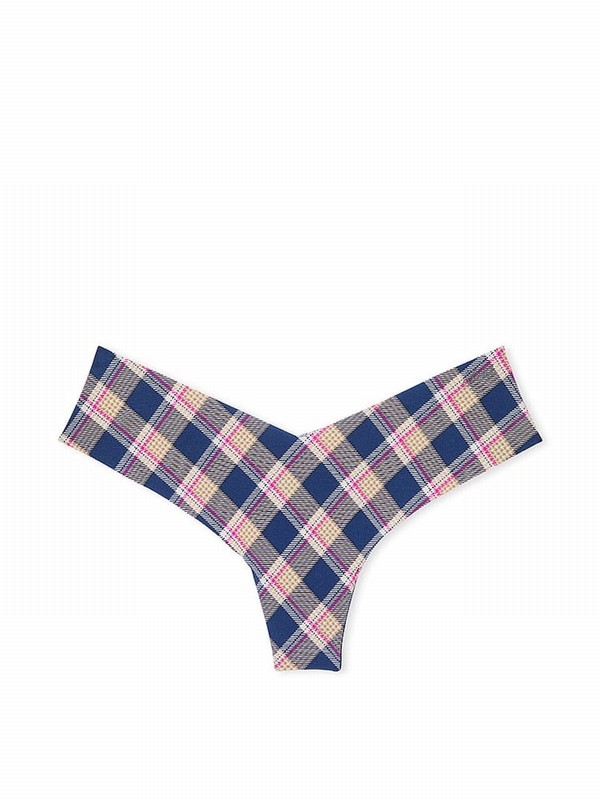 Blue / Navy Victoria Secret Plaid Print High Leg Thong Underwear | RKZET3697