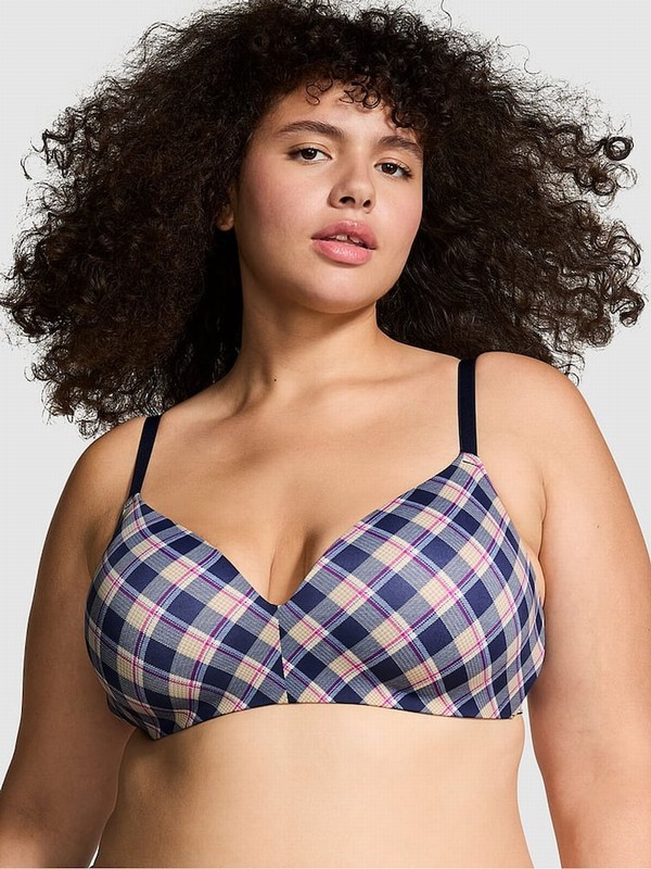 Blue / Navy Victoria Secret Plaid Print Non WiLightly Lined Bras | VDQAU8913