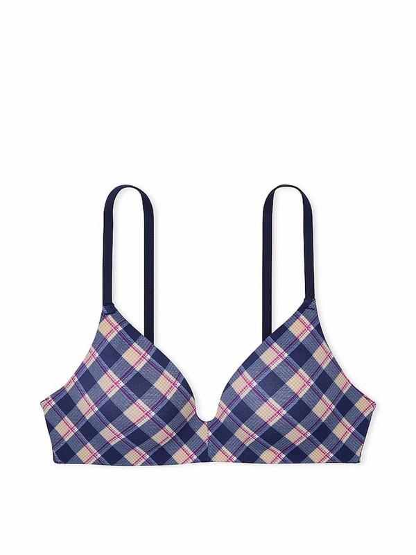 Blue / Navy Victoria Secret Plaid Print Non WiLightly Lined Bras | VDQAU8913
