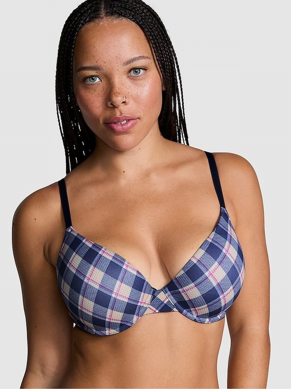 Blue / Navy Victoria Secret Plaid Print Push Up Bras | MUAWS4391