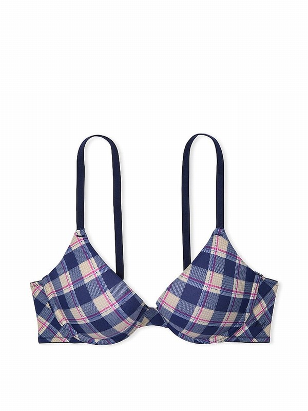 Blue / Navy Victoria Secret Plaid Print Push Up Bras | MUAWS4391