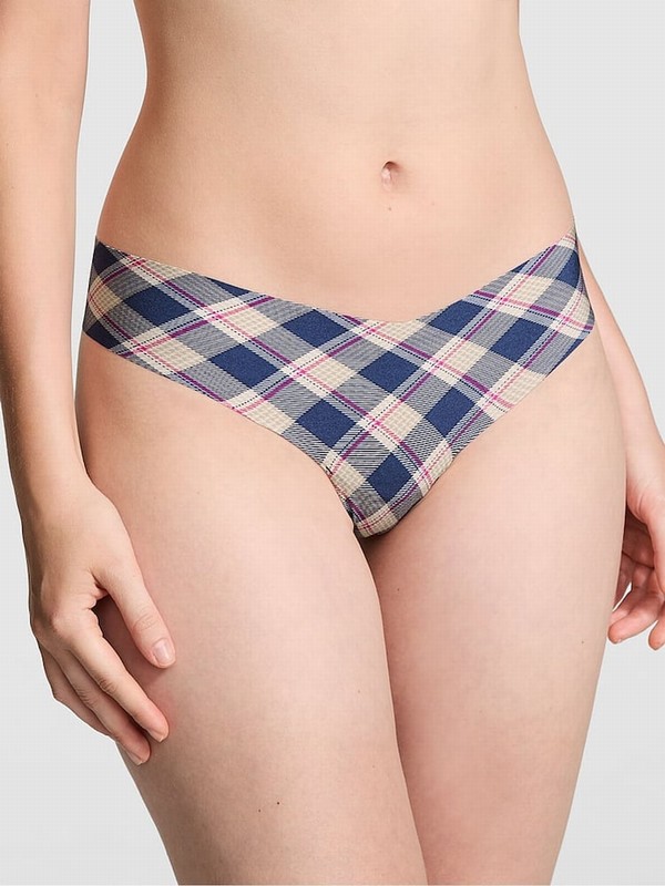 Blue / Navy Victoria Secret Plaid Print Thong No Show Underwear | ZTKYL4586