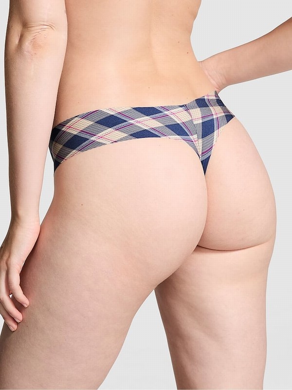 Blue / Navy Victoria Secret Plaid Print Thong No Show Underwear | ZTKYL4586