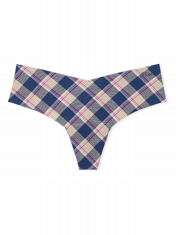 Blue / Navy Victoria Secret Plaid Print Thong No Show Underwear | ZTKYL4586