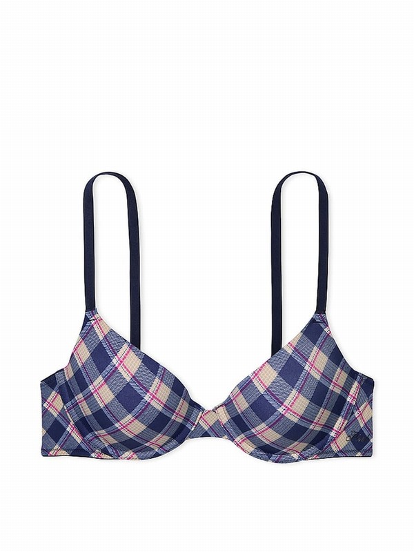 Blue / Navy Victoria Secret Plaid Print T Shirt Bras | DNZQR0968