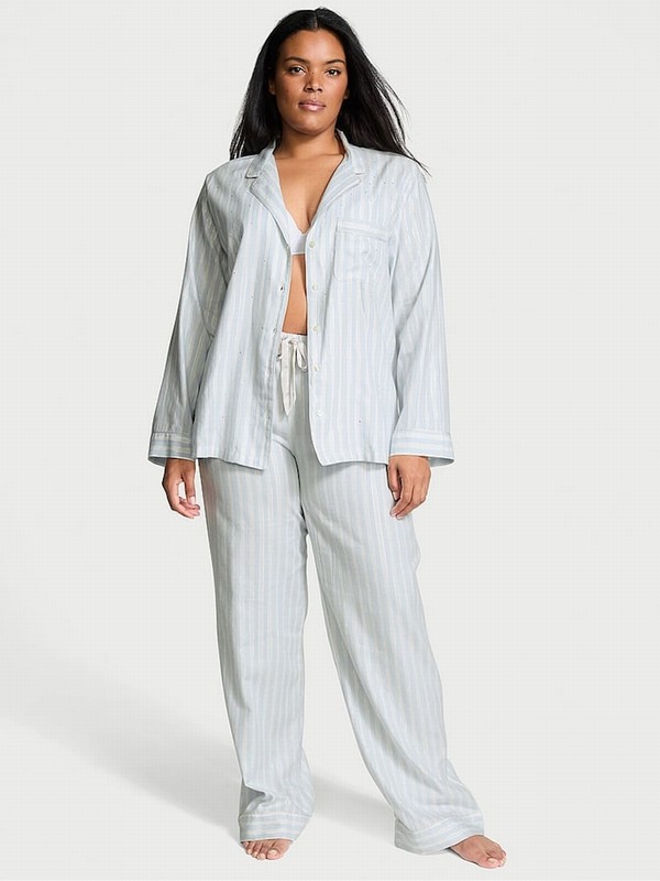Blue / Stripes / Blue Victoria Secret Soft Sky Lurex Flannel Long Nightwear | NOVUY3962