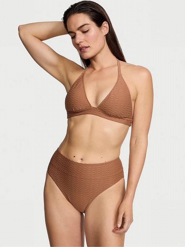 Brown Victoria Secret Caramel Fishnet Halter Bikini Top | DMUFC6187