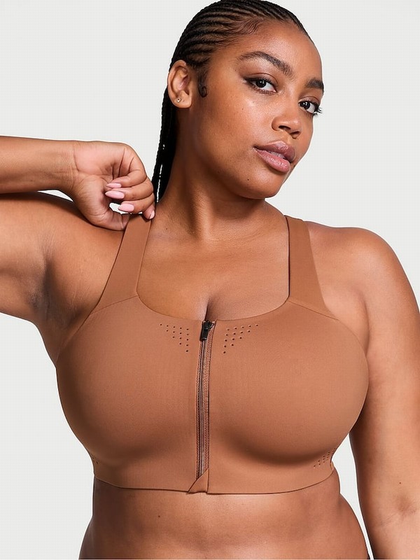 Brown Victoria Secret Caramel Front Close VSX Featherweight™ Max High Support Bras | UWEBX0495