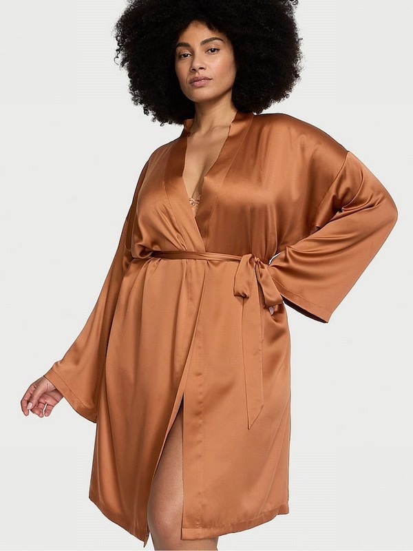 Brown Victoria Secret Caramel Satin Midi Robe Nightwear | ANVDJ3482