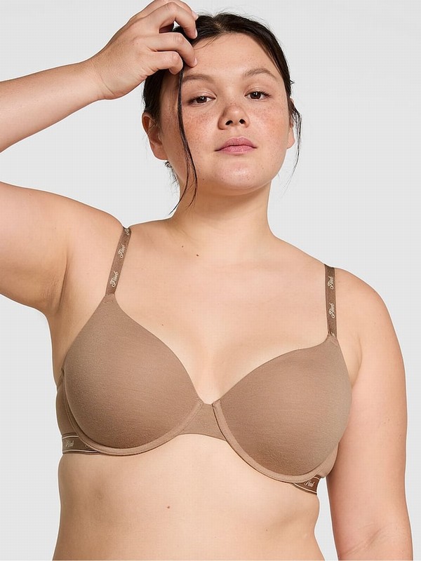 Brown Victoria Secret Latte Lightly Lined Demi Cotton Logo Bras | XIHKE4689