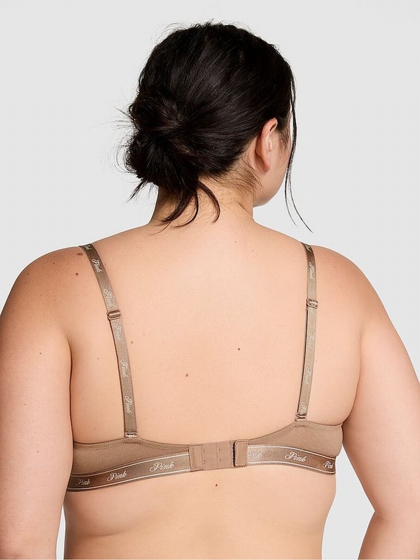 Brown Victoria Secret Latte Lightly Lined Demi Cotton Logo Bras | XIHKE4689