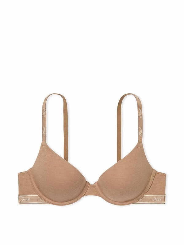Brown Victoria Secret Latte Lightly Lined Demi Cotton Logo Bras | XIHKE4689