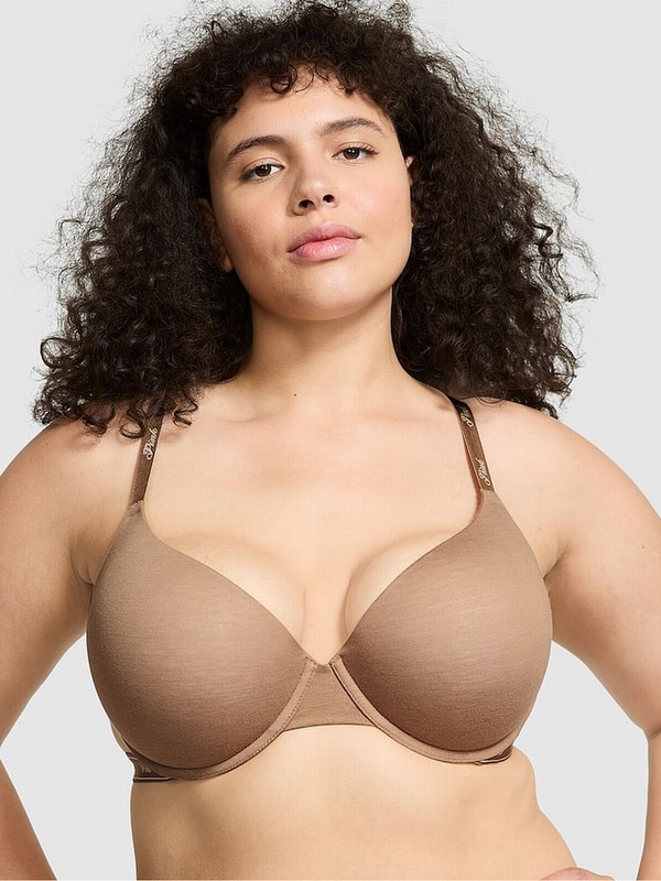 Brown Victoria Secret Latte Push Up Cotton Logo Bras | VZYSI2709