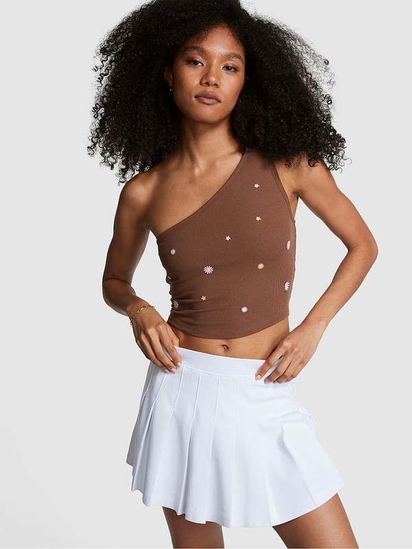 Brown Victoria Secret Soft Cappuccino Shrunken One Shoulder Shelf Tank Tops | ZTMDB0729