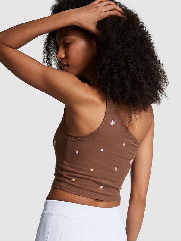 Brown Victoria Secret Soft Cappuccino Shrunken One Shoulder Shelf Tank Tops | ZTMDB0729