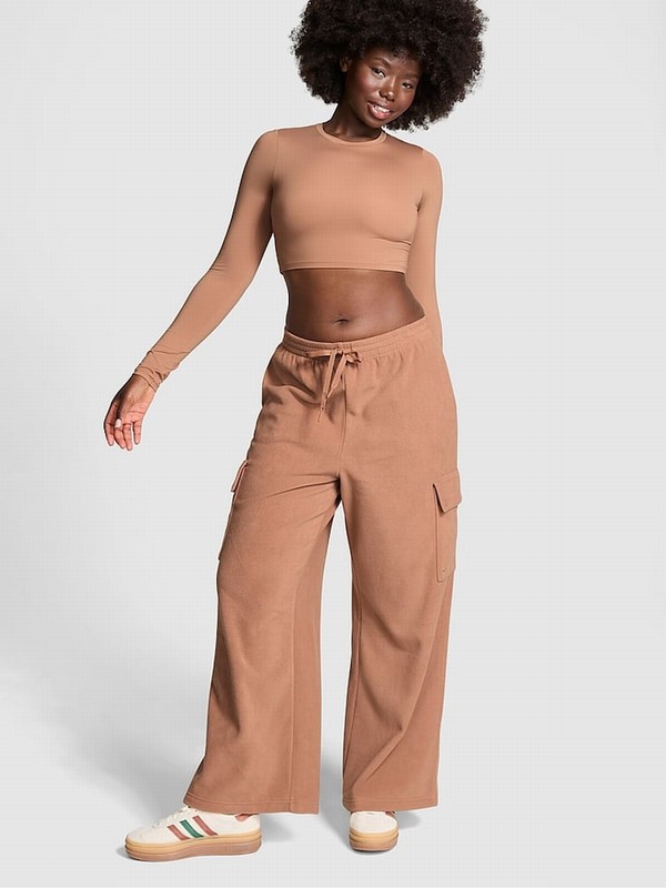 Brown Victoria Secret Toffee Fleece Wide Leg Cargo Joggers | KUMTV2598
