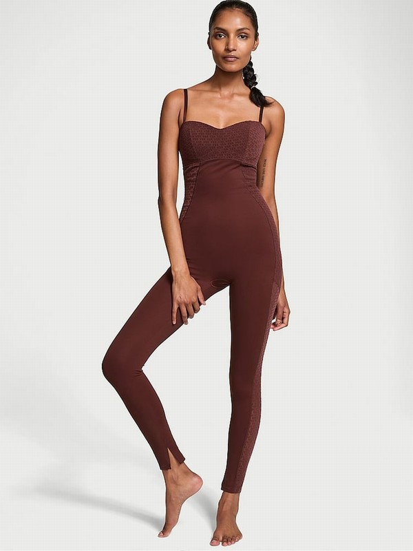 Burgundy / Brown Victoria Secret VSX Elevate™ Logo Mesh Jumpsuit | HETOV3047