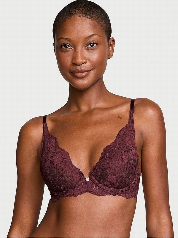 Burgundy / Purple Victoria Secret Lace Half Pad Plunge Bras | XRYPE8792