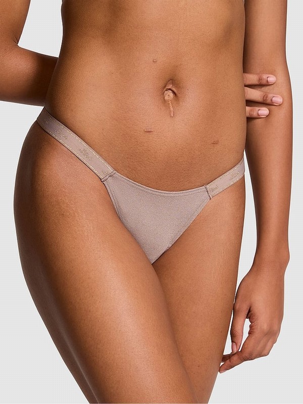 Coffee / Brown Victoria Secret Iced Coffee Mini Scoop Thong Cotton Logo Shimmer Underwear | VFWPJ8723