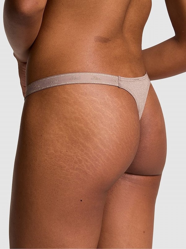 Coffee / Brown Victoria Secret Iced Coffee Mini Scoop Thong Cotton Logo Shimmer Underwear | VFWPJ8723