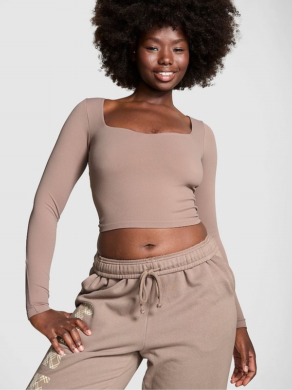 Coffee / Brown Victoria Secret Iced Coffee Cropped Fitted Long Sleeve Top Tops | KGURB2837
