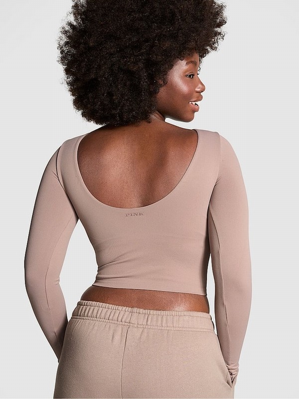 Coffee / Brown Victoria Secret Iced Coffee Cropped Fitted Long Sleeve Top Tops | KGURB2837