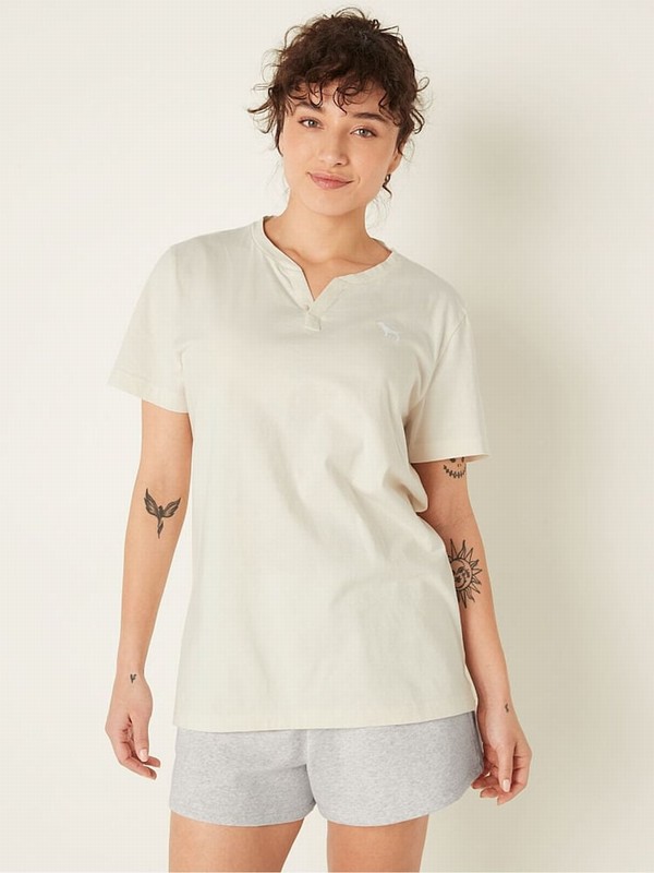 Cream Victoria Secret Cream V Neck Sleeve T Shirts | IEPCJ4871