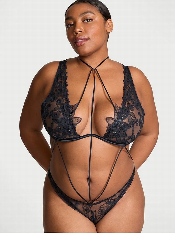 Dark Blue Victoria Secret TwiZiggy Neck Tie Cut Out Bodysuit Lingerie | BQZMJ1865