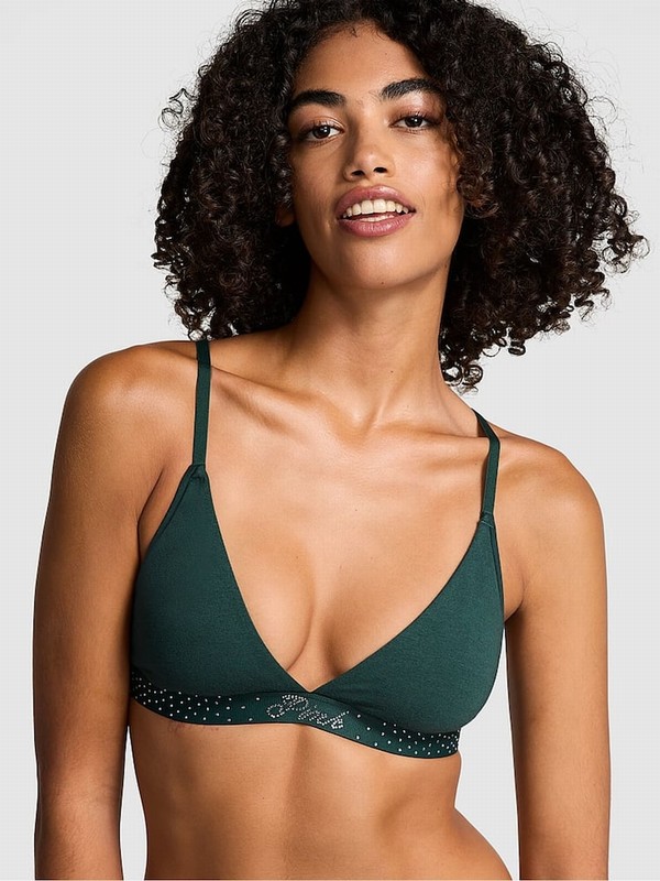 Deep Green Victoria Secret Forest Diamante Cotton Logo Trianglelette Bras | HBMTK6471