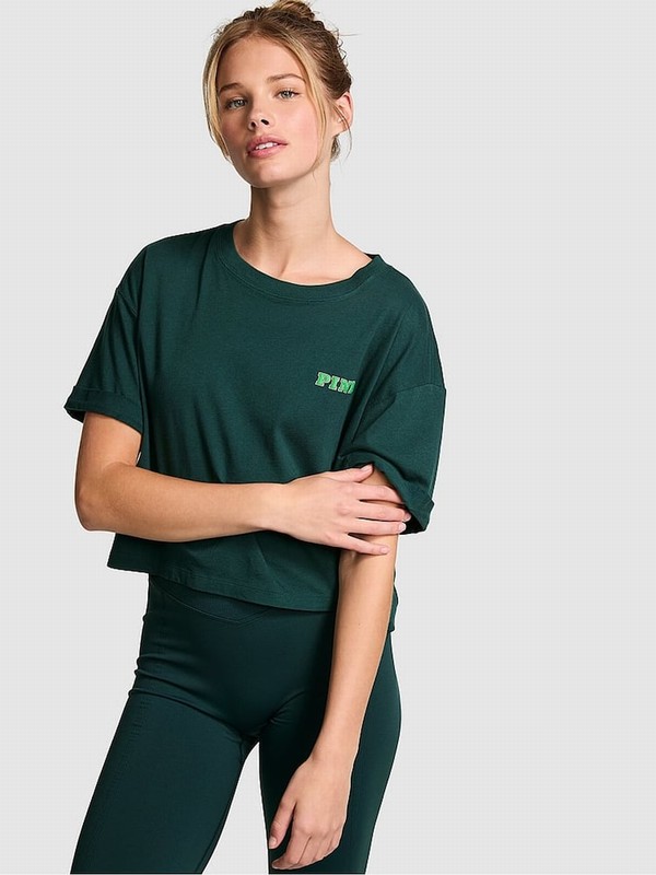 Deep Green Victoria Secret Forest Oversized Crop Sleeve T Shirts | GIQKX6325