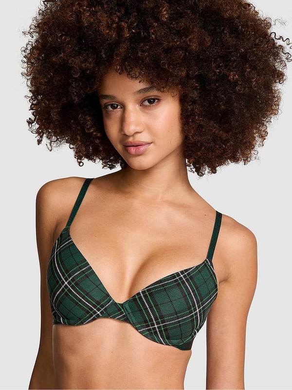 Deep Green Victoria Secret Forest Plaid T Shirt Cotton Logo Bras | ZXVEG0148