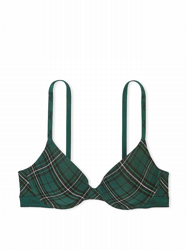 Deep Green Victoria Secret Forest Plaid T Shirt Cotton Logo Bras | ZXVEG0148