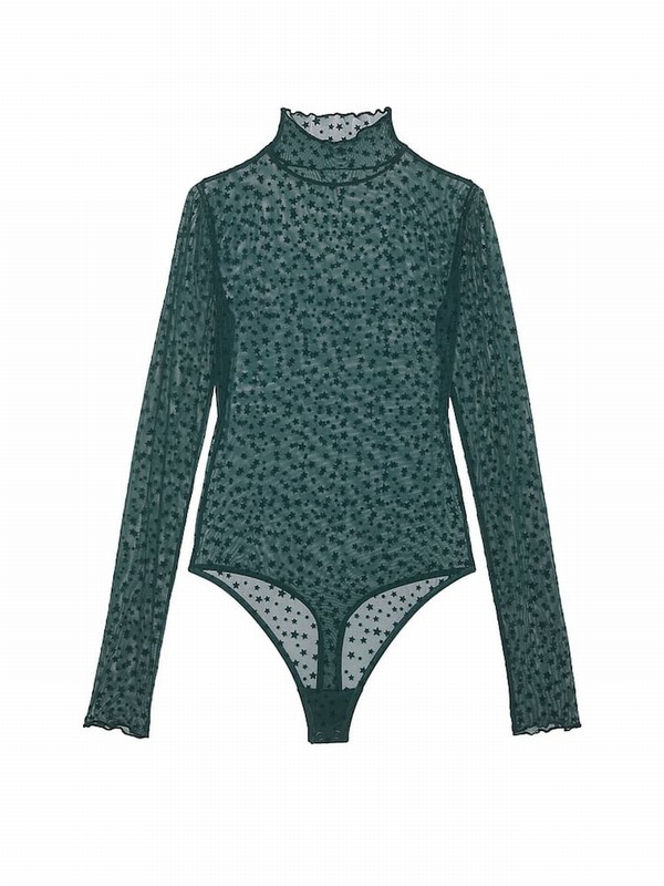 Deep Green Victoria Secret Forest Star Chaser Lace Mock Neck Bodysuit Lingerie | GXKHM7530