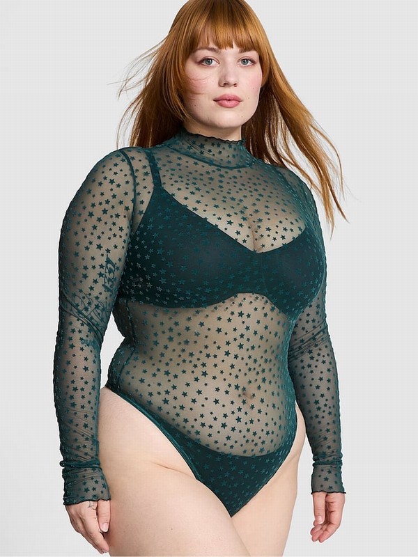 Deep Green Victoria Secret Forest Star Chaser Lace Mock Neck Bodysuit Tops | GZRAW9576