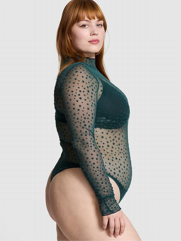 Deep Green Victoria Secret Forest Star Chaser Lace Mock Neck Bodysuit Tops | GZRAW9576
