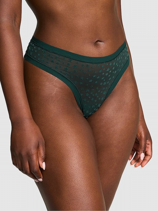 Deep Green Victoria Secret Forest Thong No Show Star Mesh Underwear | VRMCX3104