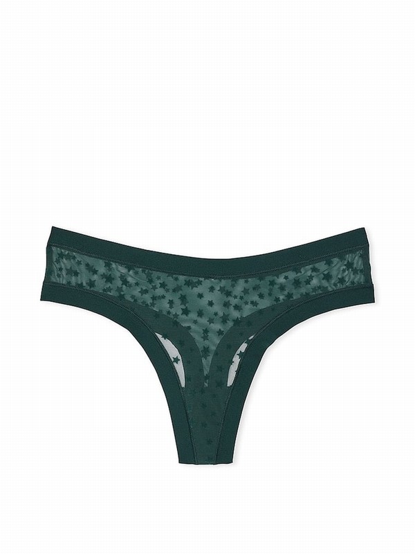 Deep Green Victoria Secret Forest Thong No Show Star Mesh Underwear | VRMCX3104