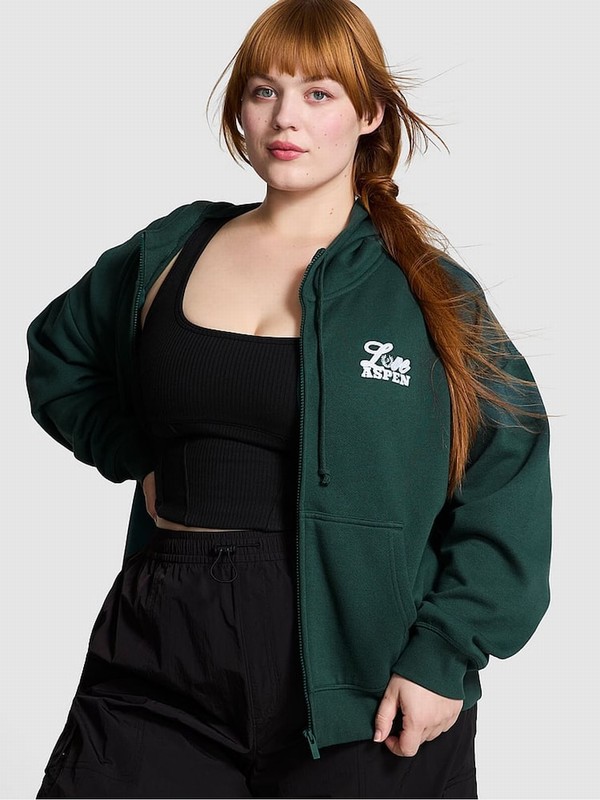 Deep Green Victoria Secret Forest Zip Up Fleece Hoodie | EDOAV3492