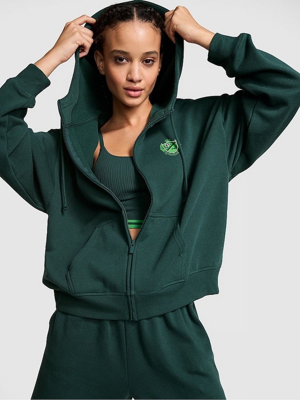 Deep Green Victoria Secret Forest Zip Up Fleece Hoodie | MTFOS4761