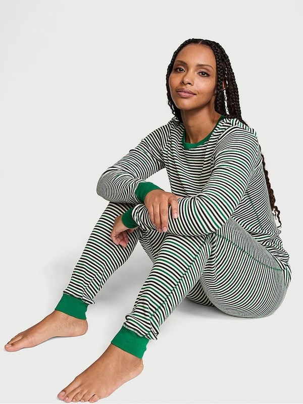 Deep Green / Stripes / Green Victoria Secret Prettiest Pine Thermal Long Nightwear | DJHLA8926