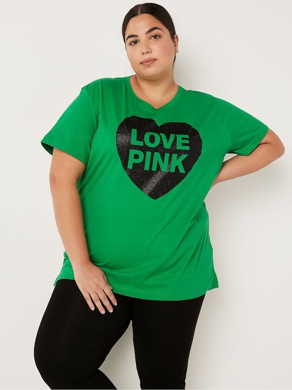 Green Victoria Secret Cotton Sleeve Campus T Shirts | OGNKS0683