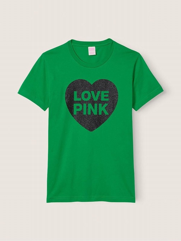 Green Victoria Secret Cotton Sleeve Campus T Shirts | OGNKS0683